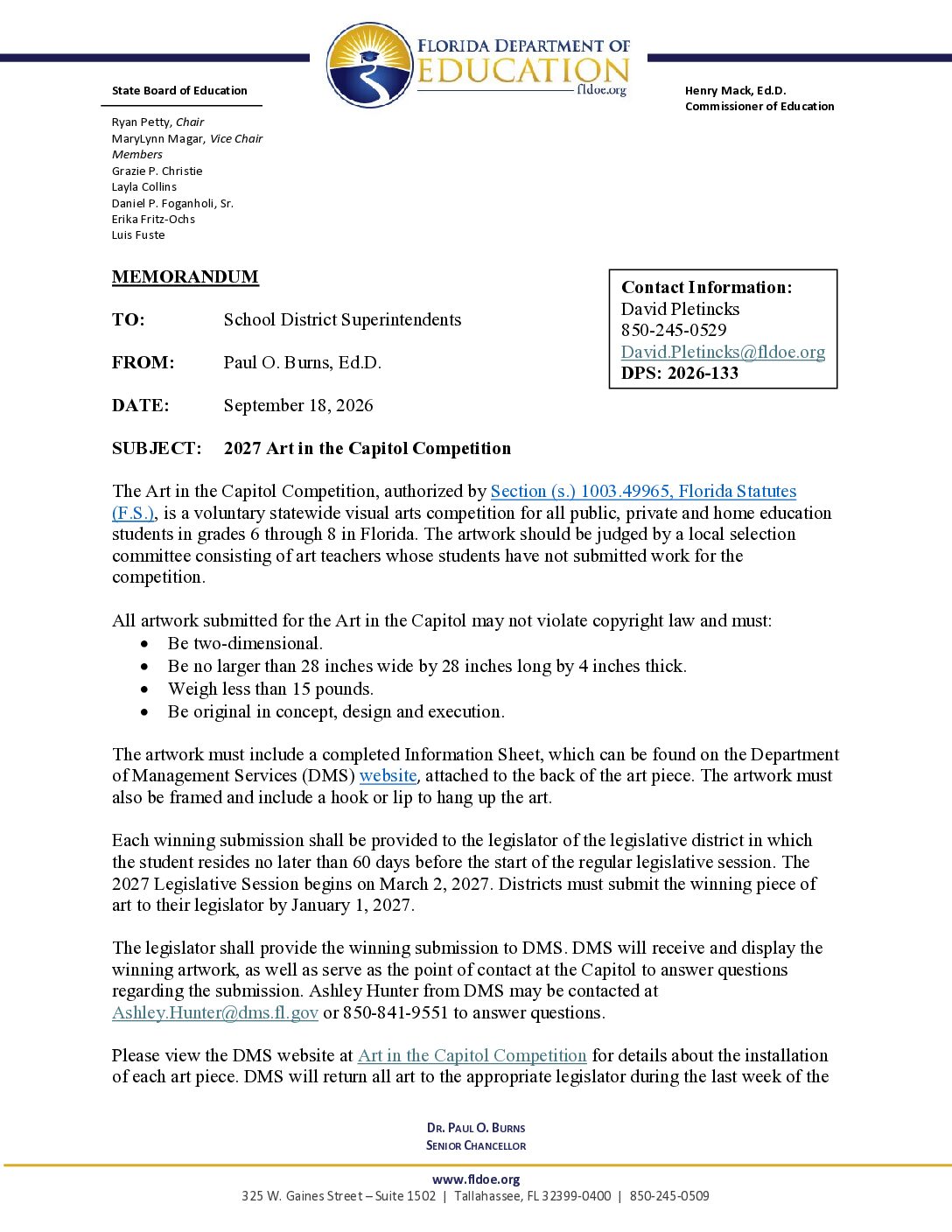 Florida Art in the Capitol 2026 Letter