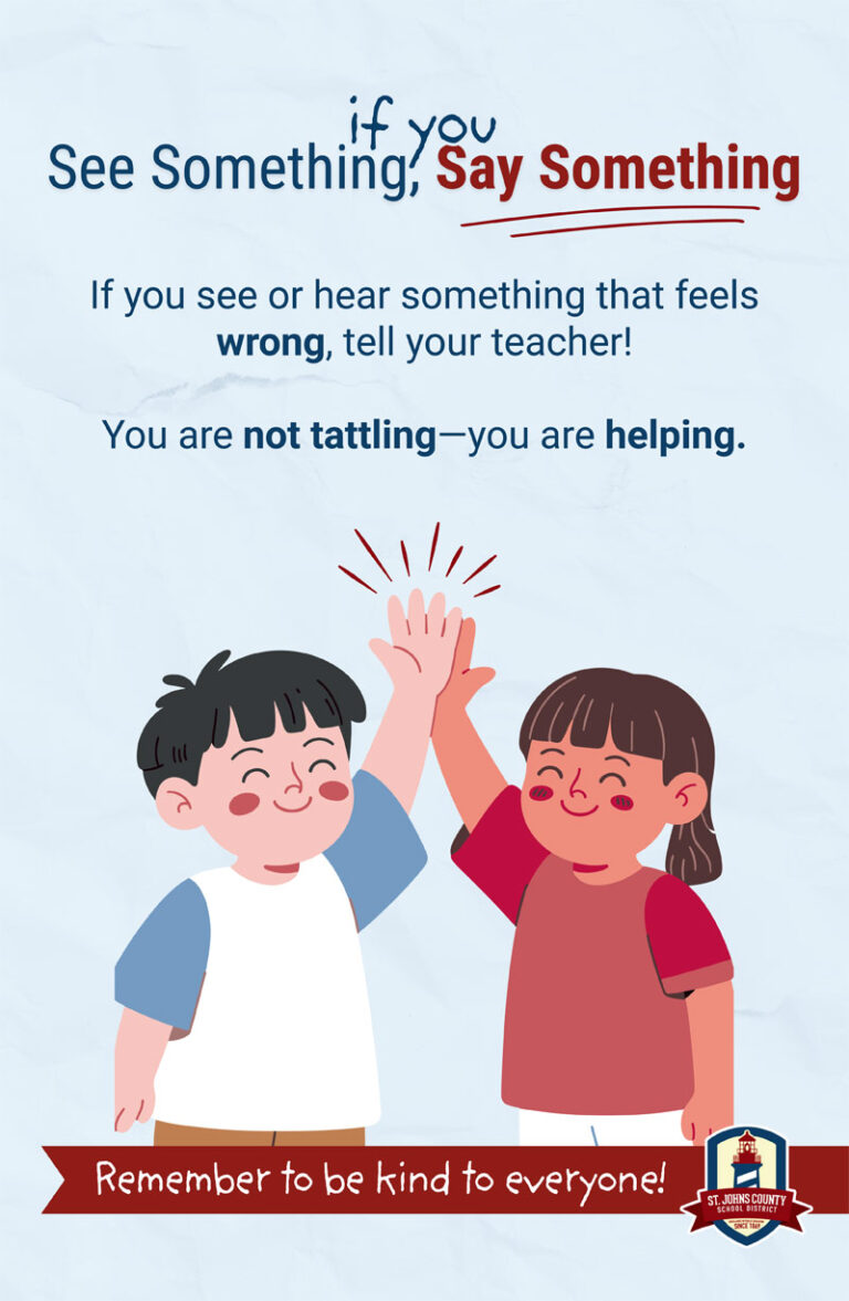 Two children smiling and high-fiving, with text encouraging students to report concerning behavior to a teacher and reminding them that reporting is helping, not tattling.