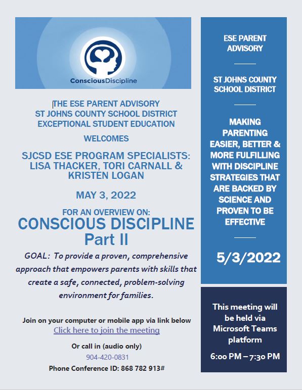 ESE Parent Advisory Conscious Discipline Part II Flyer