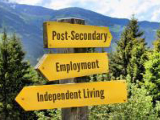 Signs pointing to Post-Secondary, Employment, and Independent Living