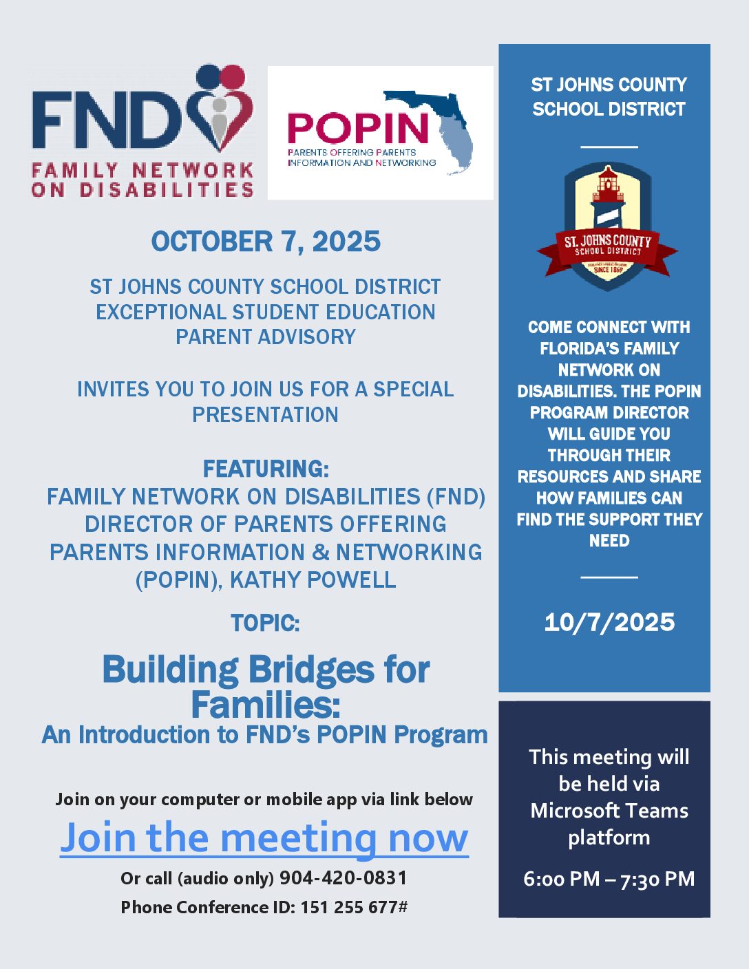 ESE Parent Advisory Virtual Discussion “Building Bridges for Families: An Introduction to FND’s POPIN Program" on October 7