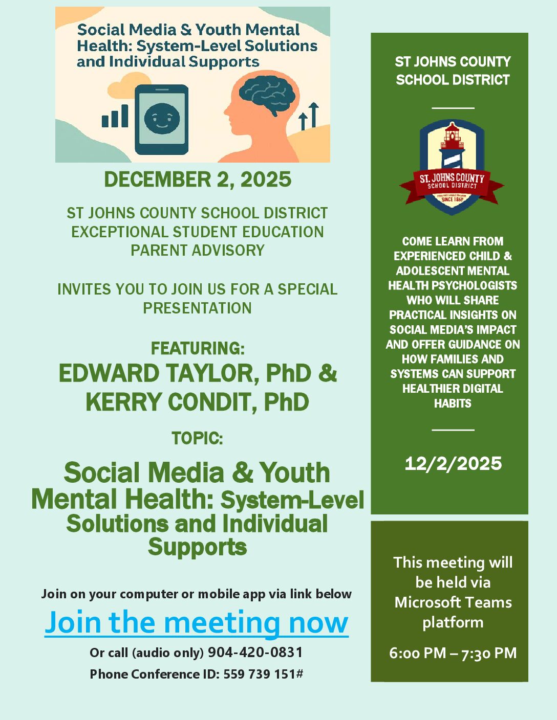 ESE Parent Advisory Virtual Discussion “Social Media & Youth Mental Health" on December 2