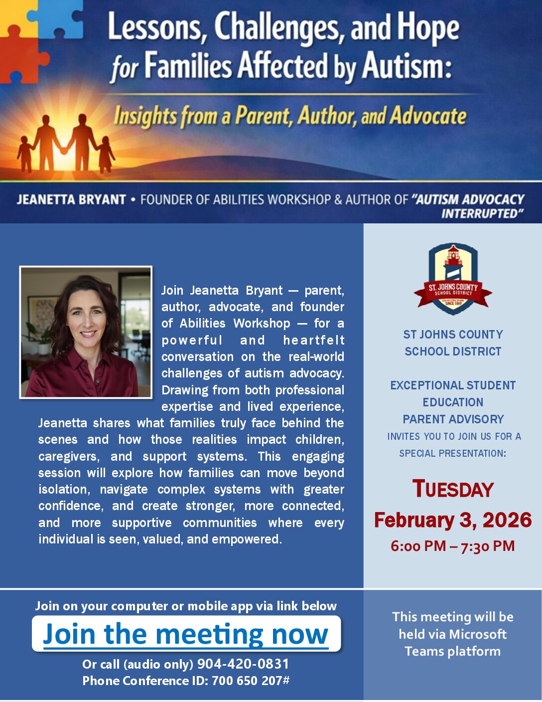ESE Parent Advisory Virtual Discussion “Autism Advocacy Interrupted" on February 3